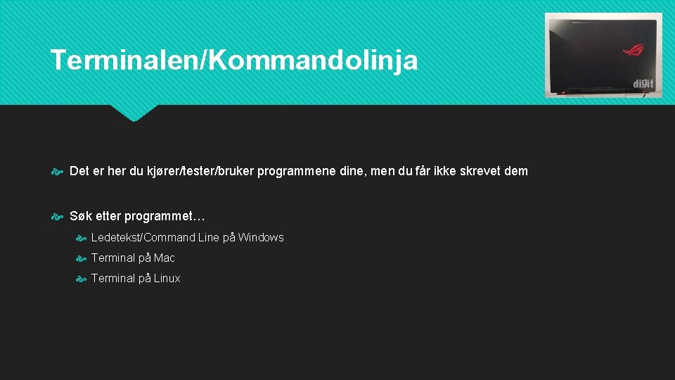 Terminalen/Kommandolinja Det er her du kjører/tester/bruker programmene dine, men du får ikke skrevet dem