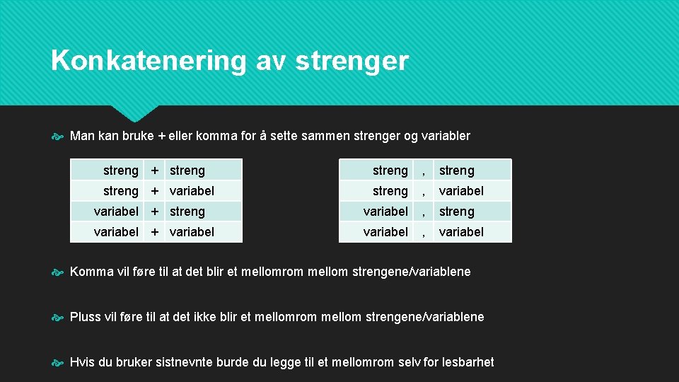 Konkatenering av strenger Man kan bruke + eller komma for å sette sammen strenger