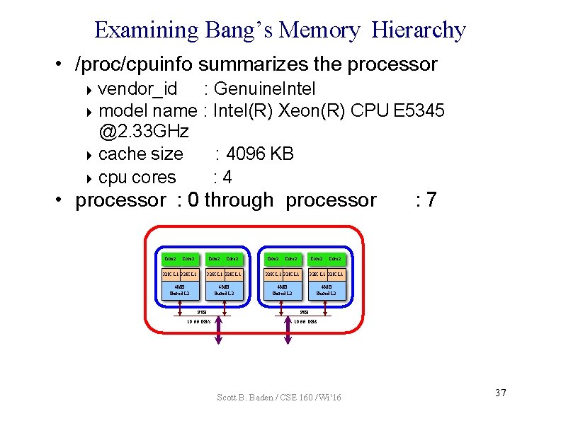 Examining Bang’s Memory Hierarchy • /proc/cpuinfo summarizes the processor vendor_id : Genuine. Intel model