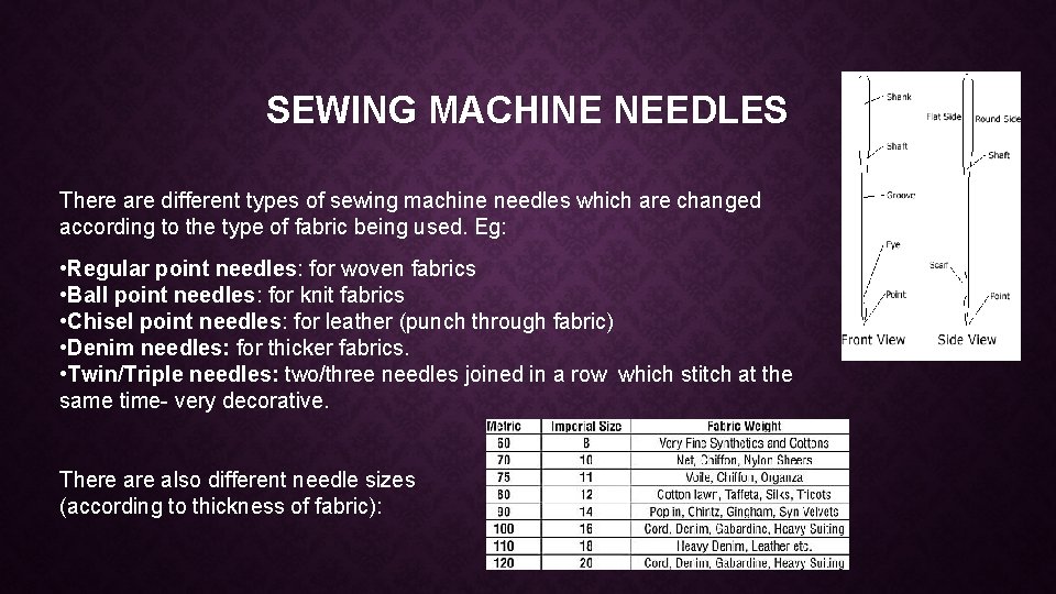 SEWING MACHINE NEEDLES There are different types of sewing machine needles which are changed