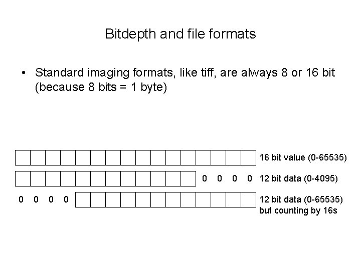 Bitdepth and file formats • Standard imaging formats, like tiff, are always 8 or