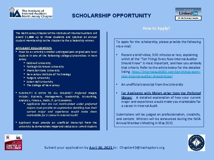 SCHOLARSHIP OPPORTUNITY IIA North Jersey Chapter How to Apply? The North Jersey Chapter of