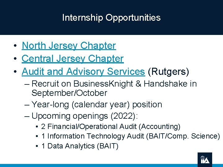 Internship Opportunities • North Jersey Chapter • Central Jersey Chapter • Audit and Advisory