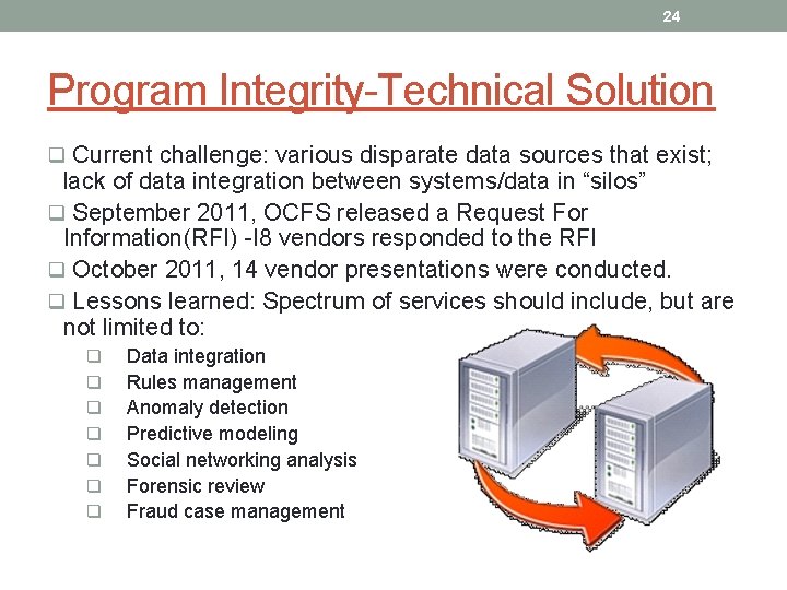 24 Program Integrity-Technical Solution q Current challenge: various disparate data sources that exist; lack