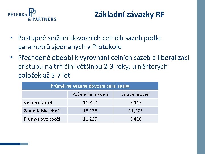 Základní závazky RF • Postupné snížení dovozních celních sazeb podle parametrů sjednaných v Protokolu