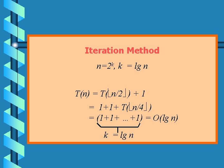 Iteration Method n=2 k, k = lg n T(n) = T( n/2 ) +