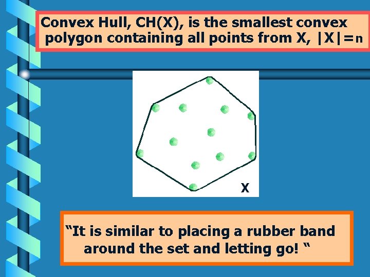 Convex Hull, CH(X), is the smallest convex polygon containing all points from X, |X|=n