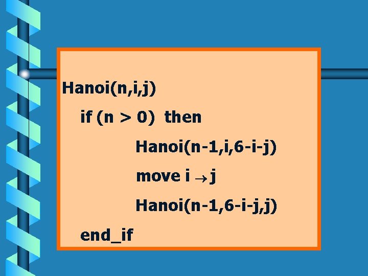 Hanoi(n, i, j) if (n > 0) then Hanoi(n-1, i, 6 -i-j) move i