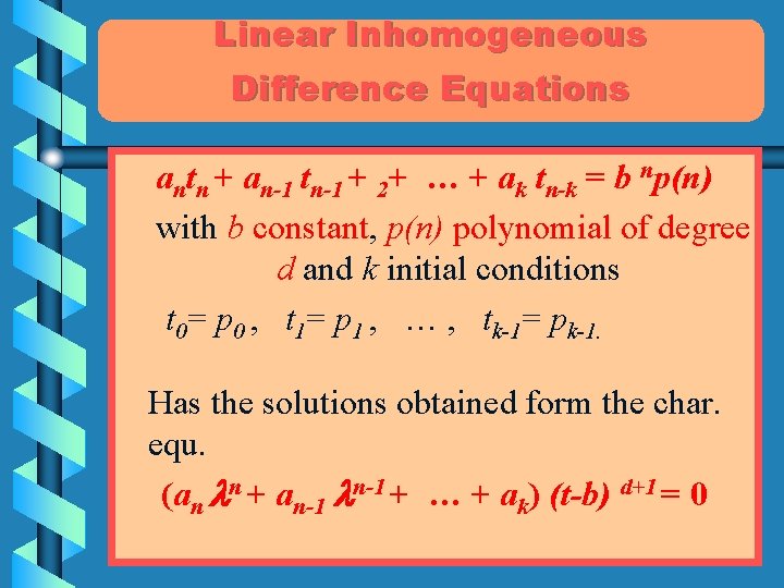 Linear Inhomogeneous Difference Equations antn + an-1 tn-1 + 2+ … + ak tn-k