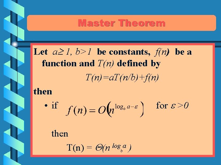 Master Theorem Let a 1, b>1 be constants, f(n) be a function and T(n)