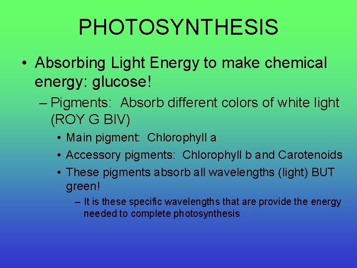 PHOTOSYNTHESIS • Absorbing Light Energy to make chemical energy: glucose! – Pigments: Absorb different