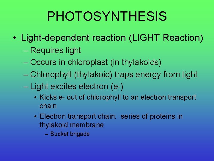 PHOTOSYNTHESIS • Light-dependent reaction (LIGHT Reaction) – Requires light – Occurs in chloroplast (in