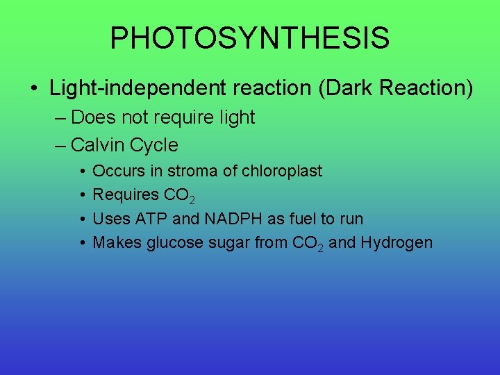 PHOTOSYNTHESIS • Light-independent reaction (Dark Reaction) – Does not require light – Calvin Cycle