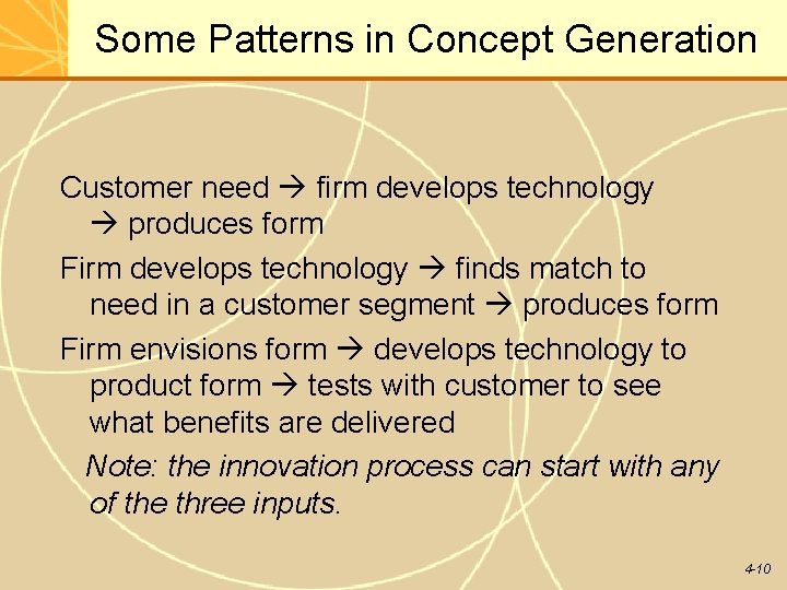 Some Patterns in Concept Generation Customer need firm develops technology produces form Firm develops