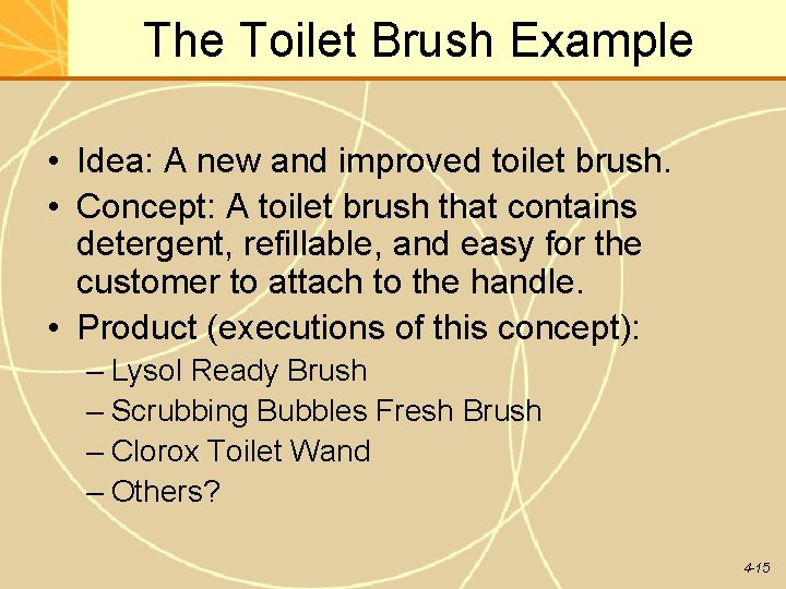 The Toilet Brush Example • Idea: A new and improved toilet brush. • Concept: