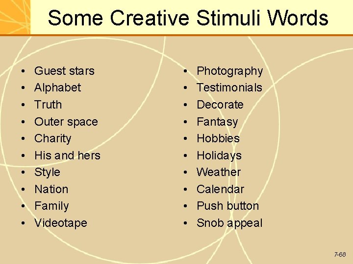 Some Creative Stimuli Words • • • Guest stars Alphabet Truth Outer space Charity