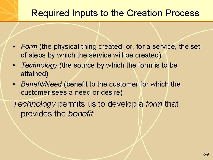 Required Inputs to the Creation Process • Form (the physical thing created, or, for