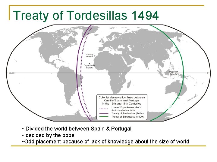 Treaty of Tordesillas 1494 • Divided the world between Spain & Portugal • decided