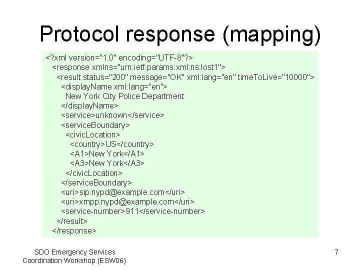 Protocol response (mapping) <? xml version="1. 0" encoding="UTF-8"? > <response xmlns="urn: ietf: params: xml: