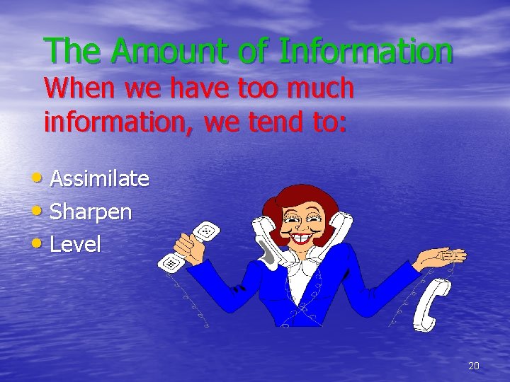 The Amount of Information When we have too much information, we tend to: •