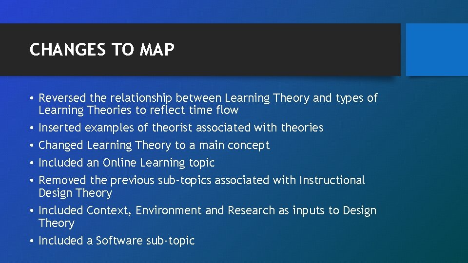 CHANGES TO MAP • Reversed the relationship between Learning Theory and types of Learning