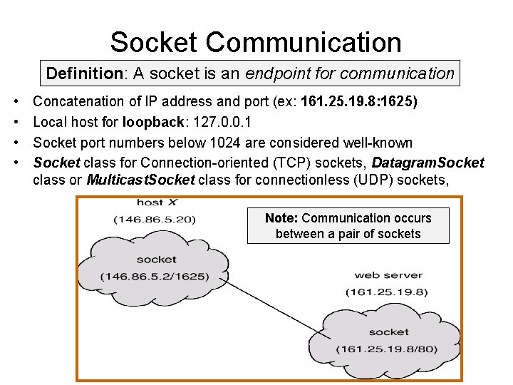 Socket Communication Definition: A socket is an endpoint for communication • • Concatenation of