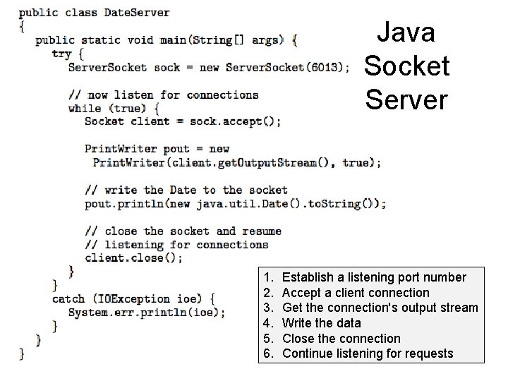 Java Socket Server 1. 2. 3. 4. 5. 6. Establish a listening port number