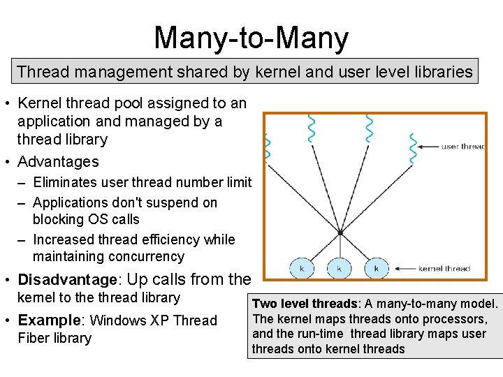 Many-to-Many Thread management shared by kernel and user level libraries • Kernel thread pool