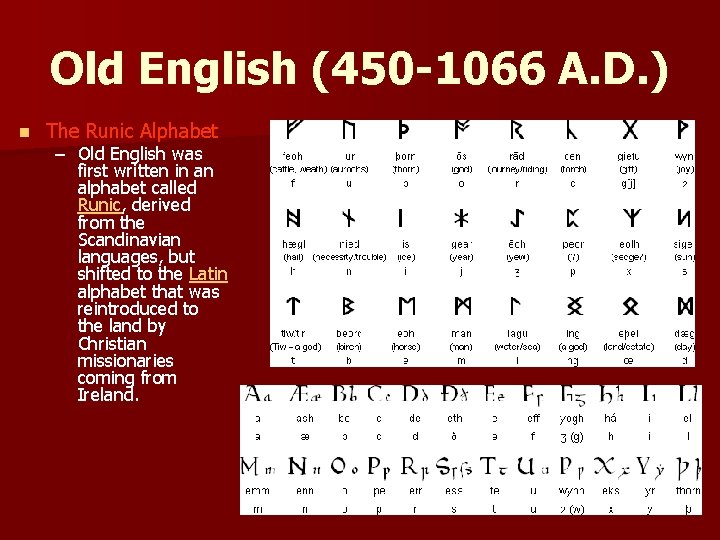 Old English (450 -1066 A. D. ) n The Runic Alphabet – Old English