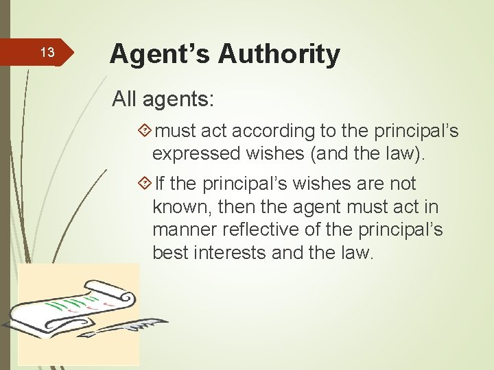 13 Agent’s Authority All agents: must according to the principal’s expressed wishes (and the