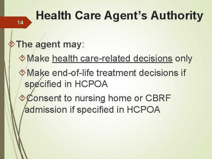 14 Health Care Agent’s Authority The agent may: Make health care-related decisions only Make