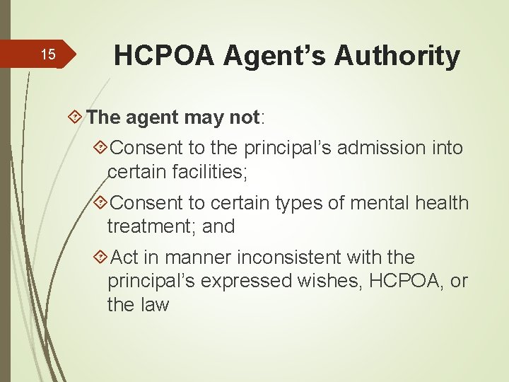 15 HCPOA Agent’s Authority The agent may not: Consent to the principal’s admission into