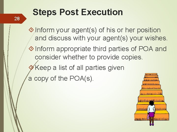 28 Steps Post Execution Inform your agent(s) of his or her position and discuss