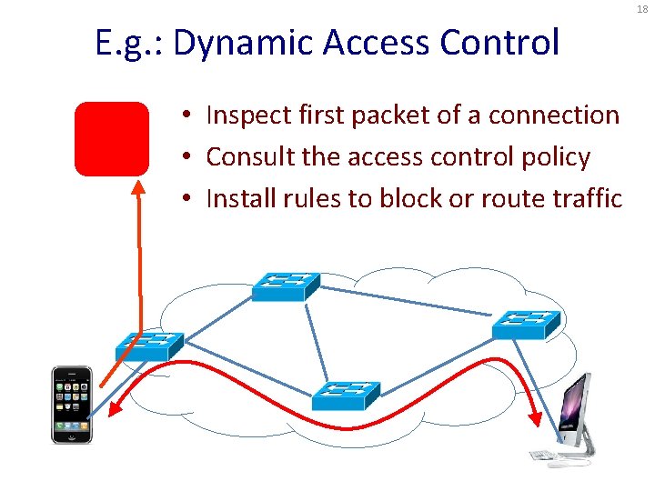 18 E. g. : Dynamic Access Control • Inspect first packet of a connection