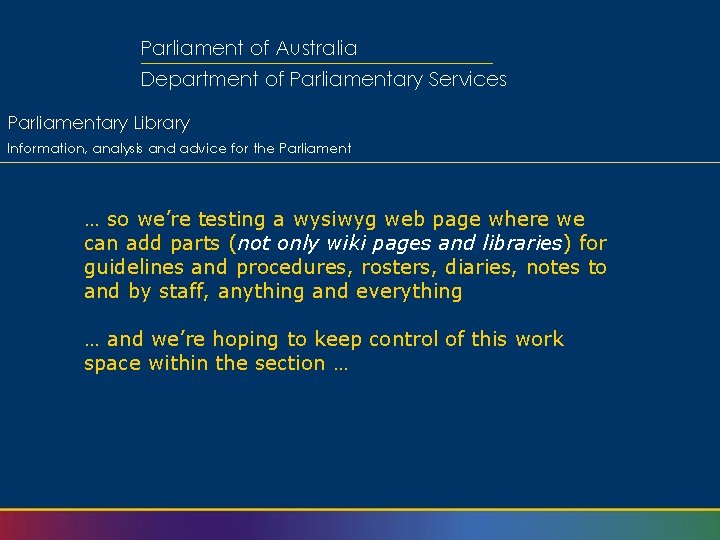 Parliament of Australia Department of Parliamentary Services Parliamentary Library Information, analysis and advice for