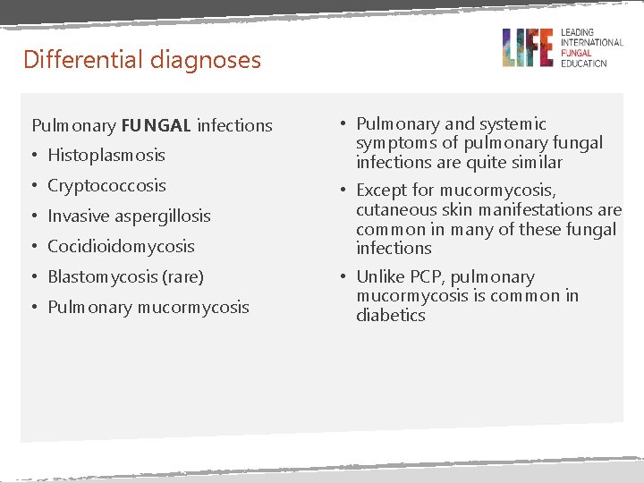 Differential diagnoses Pulmonary FUNGAL infections • Histoplasmosis • Cryptococcosis • Invasive aspergillosis • Cocidioidomycosis