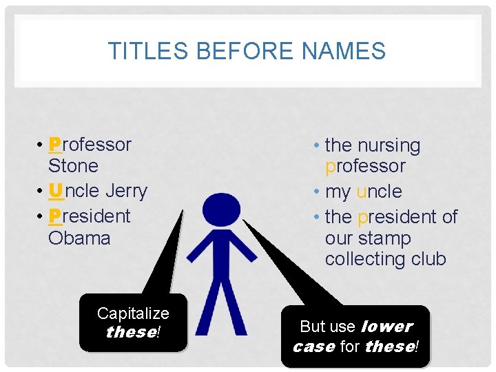 TITLES BEFORE NAMES • Professor Stone • Uncle Jerry • President Obama Capitalize these!