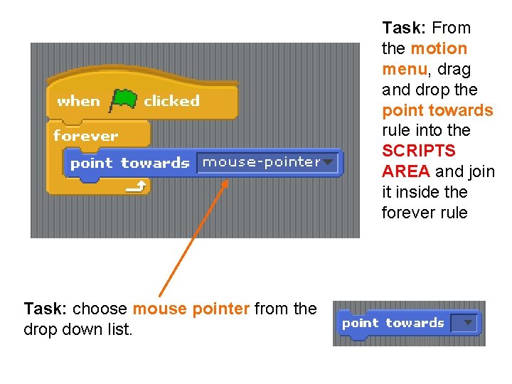 Task: From the motion menu, drag and drop the point towards rule into the
