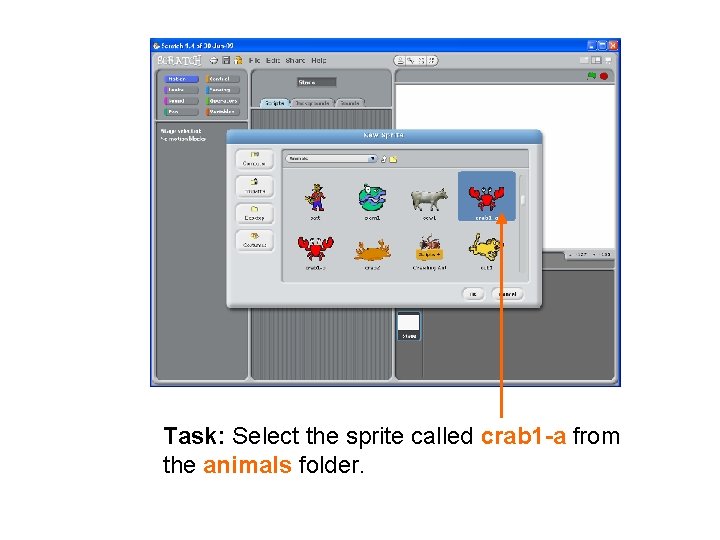 Task: Select the sprite called crab 1 -a from the animals folder. 