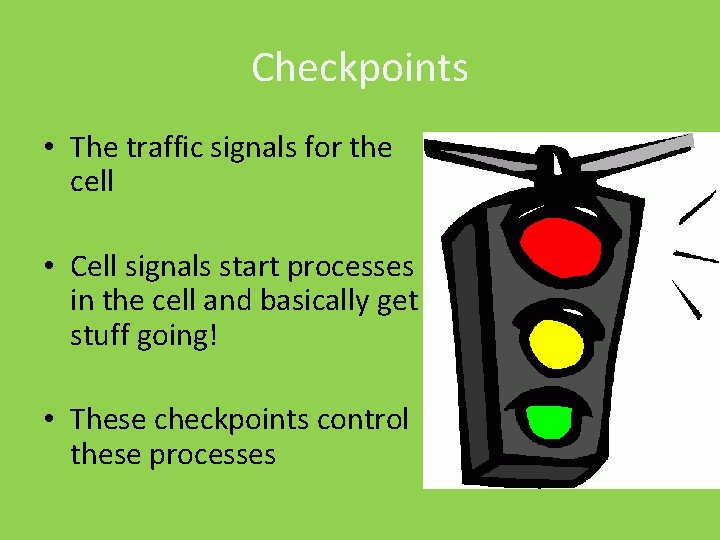 Checkpoints • The traffic signals for the cell • Cell signals start processes in