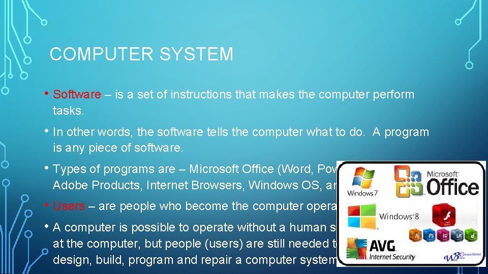 COMPUTER SYSTEM • Software – is a set of instructions that makes the computer COMPUTER SYSTEM • Software – is a set of instructions that makes the computer
