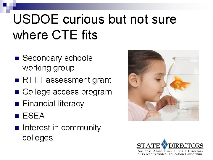 USDOE curious but not sure where CTE fits n n n Secondary schools working