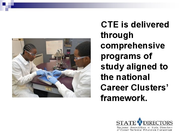 CTE is delivered through comprehensive programs of study aligned to the national Career Clusters’