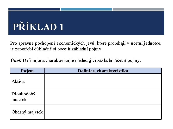 PŘÍKLAD 1 Pro správné pochopení ekonomických jevů, které probíhají v účetní jednotce, je zapotřebí