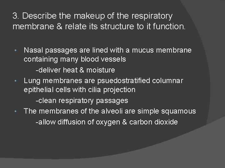 3. Describe the makeup of the respiratory membrane & relate its structure to it
