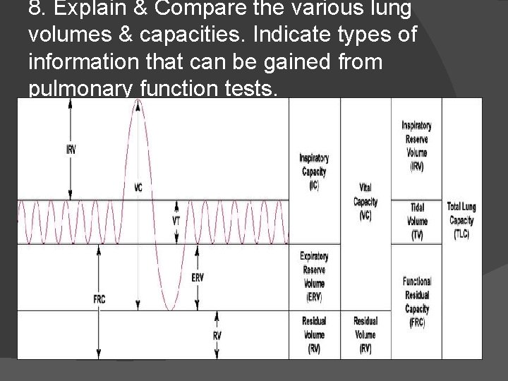 8. Explain & Compare the various lung volumes & capacities. Indicate types of information