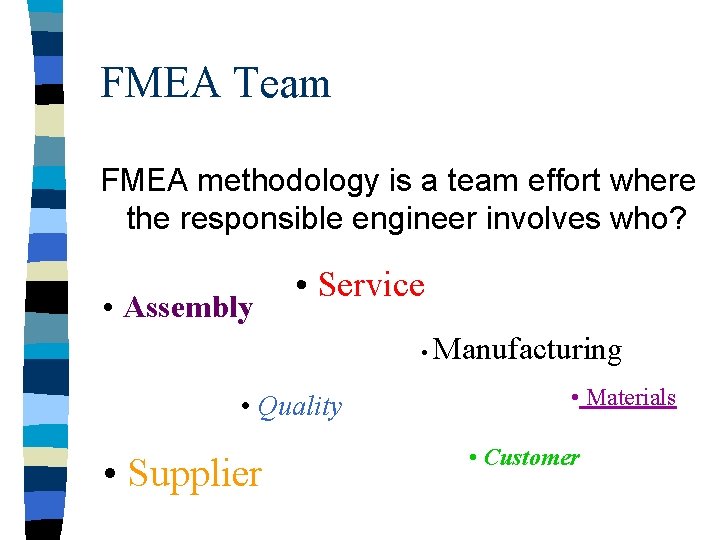 FMEA Team FMEA methodology is a team effort where the responsible engineer involves who?