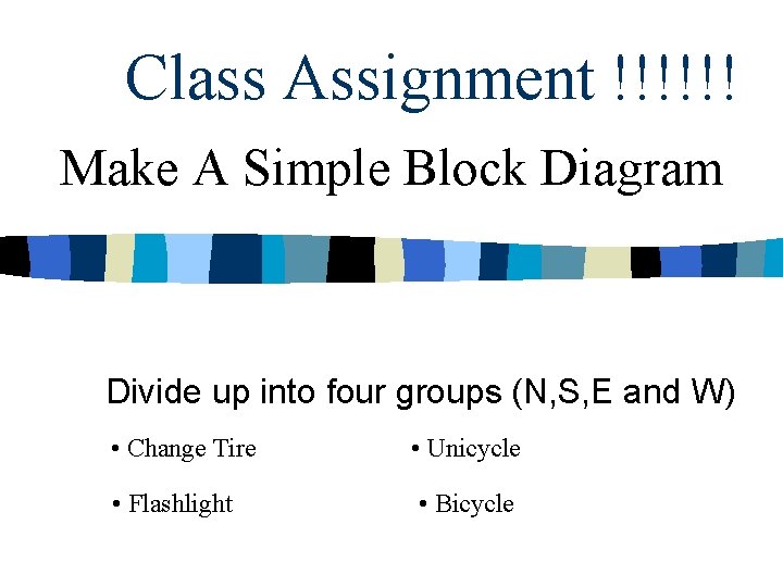 Class Assignment !!!!!! Make A Simple Block Diagram Divide up into four groups (N,