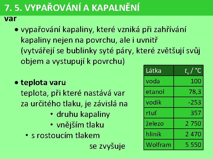 7. 5. VYPAŘOVÁNÍ A KAPALNĚNÍ var vypařování kapaliny, které vzniká při zahřívání kapaliny nejen