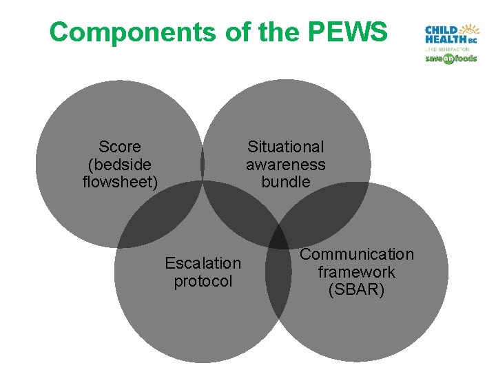 Components of the PEWS Situational awareness bundle Score (bedside flowsheet) Escalation protocol Communication framework